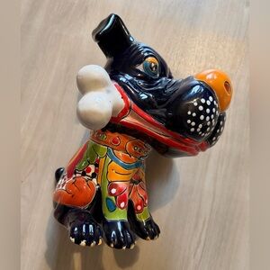Talavera Mexican Pottery Dog with Bone Hand Painted Folk Art
